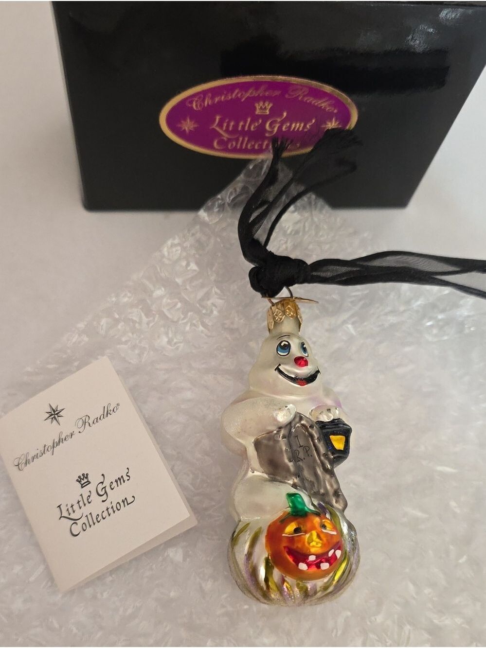 Vtg Christopher Radko Fright D'Light Gem Glass Halloween Ghost Ornament In Box